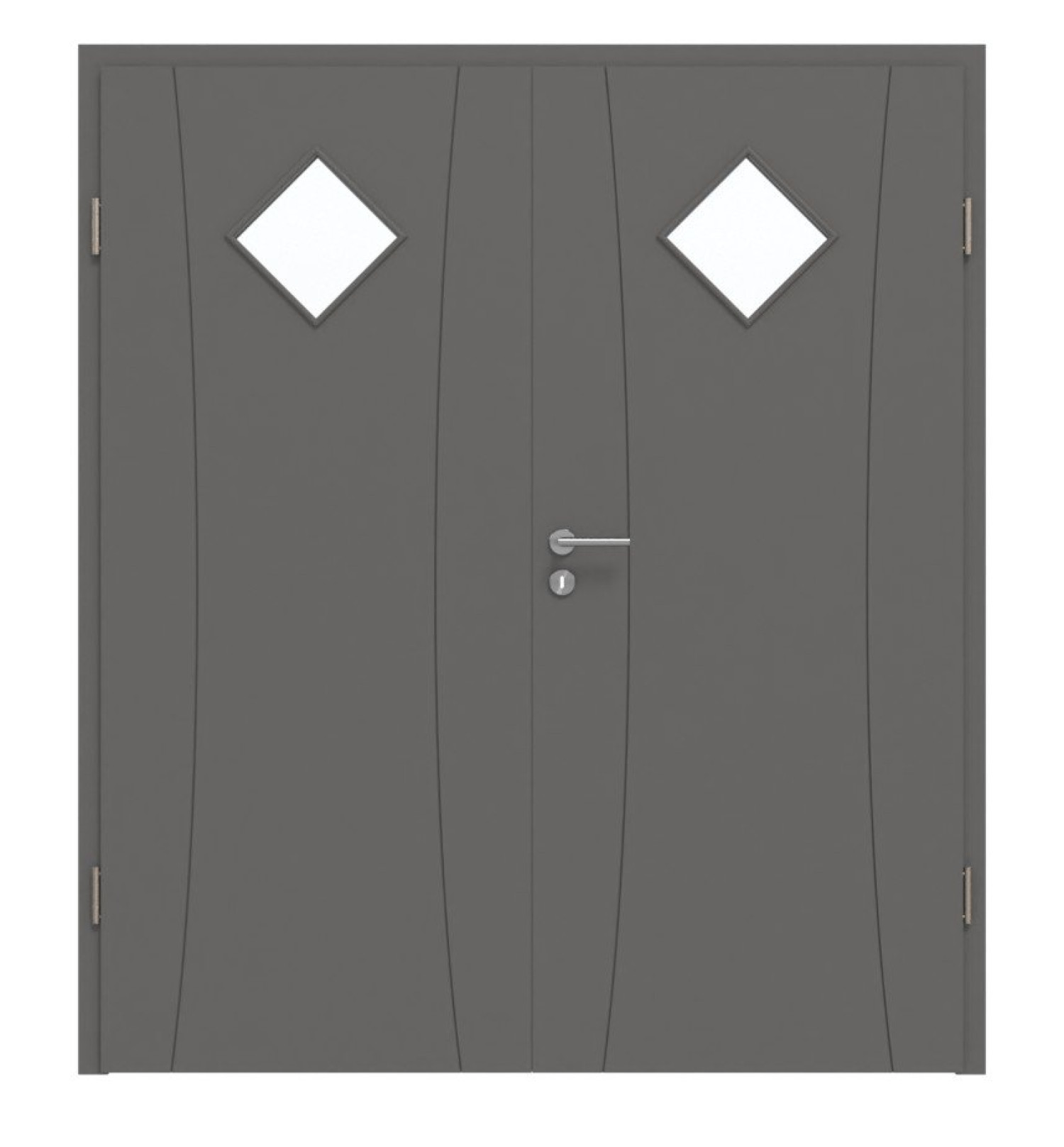 Frontansicht von HÖRMANN Doppelflügeltür Groove 20 Staubgrau RAL 7037 Lack DesignLine mit Lichtausschnitt LA 6 Raute mit Zarge