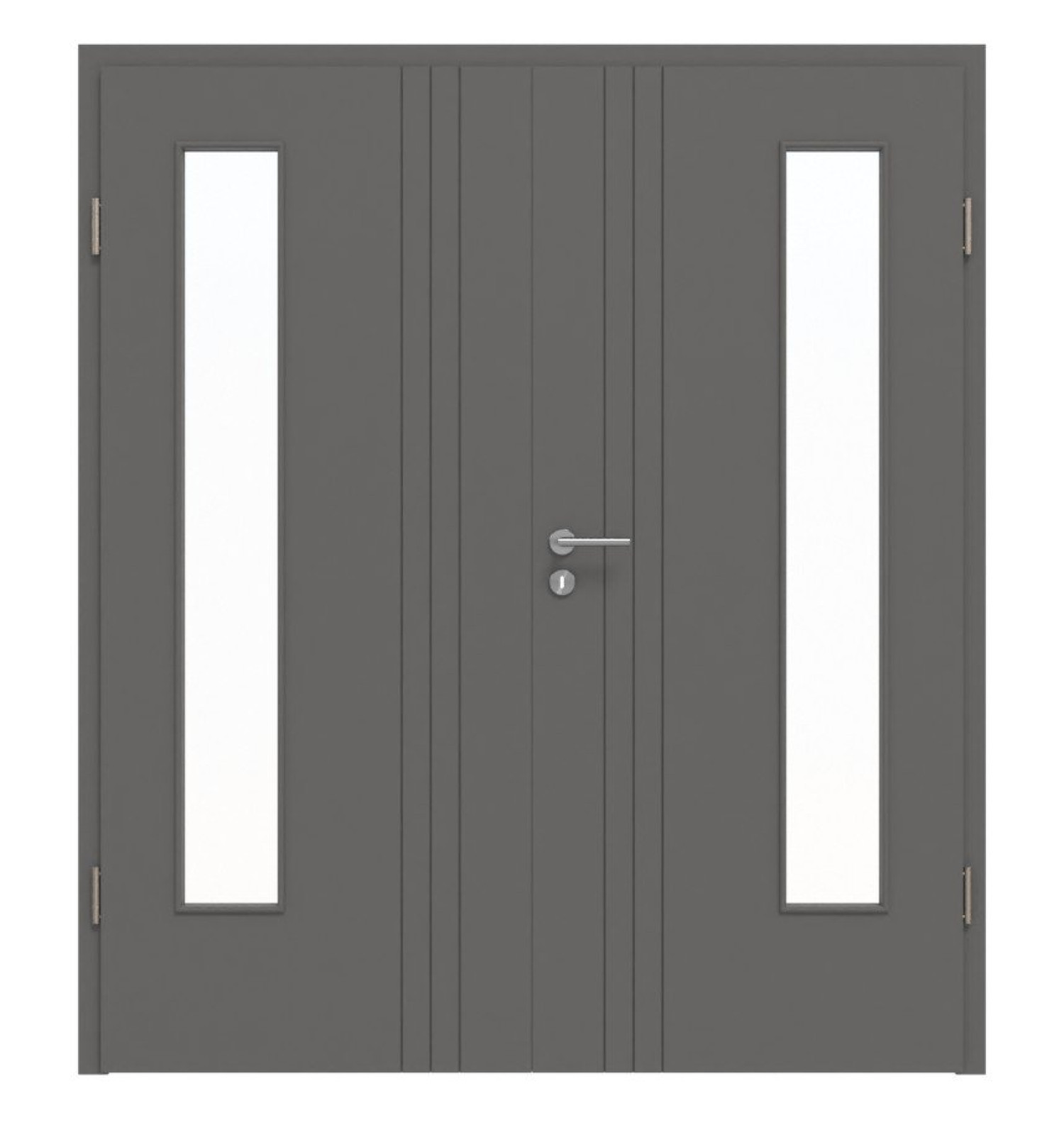 Frontansicht von HÖRMANN Doppelflügeltür Groove 85 Staubgrau RAL 7037 Lack DesignLine mit Lichtausschnitt LA 24 bandseitig mit Zarge
