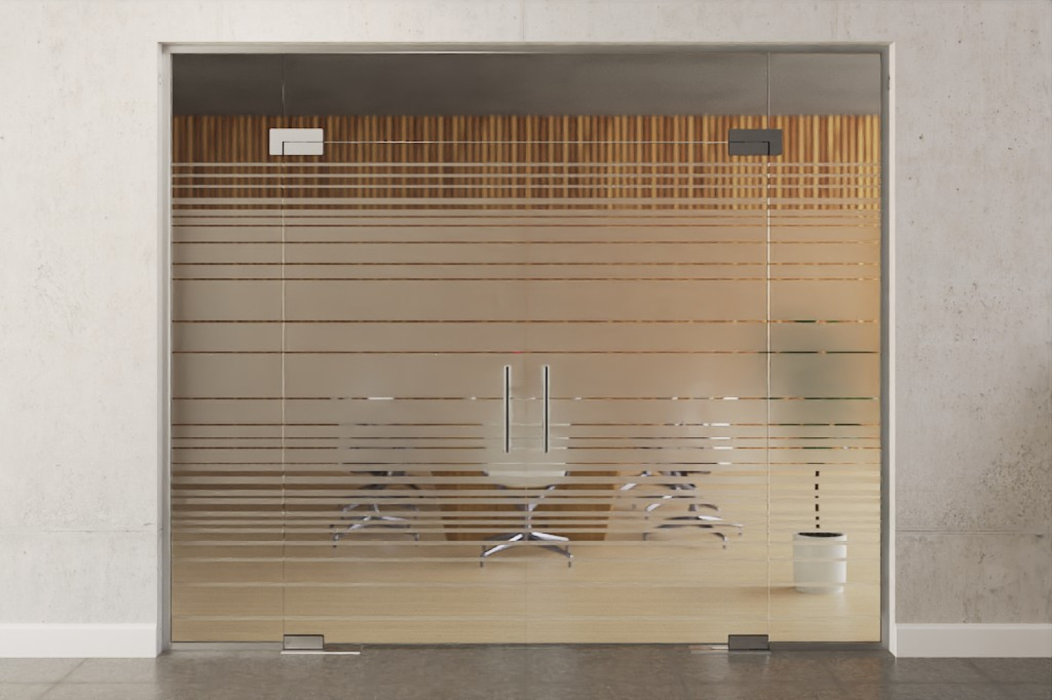 Frontansicht von Ufficio Motiv matt 2-flg. Glaspendeltür mit zwei festen Seitenteilen und Oberlicht DORMA Mundus BTS Variante 12 - Erkelenz