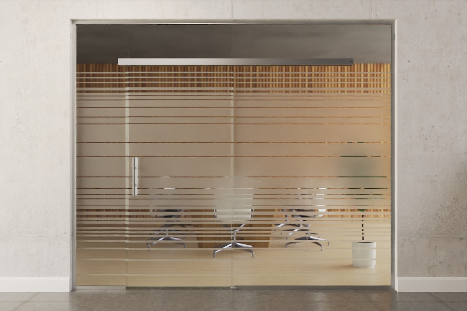 Frontansicht von Ufficio Motiv matt Glasschiebetür mit zwei festen Seitenteilen und Oberlicht DORMA MUTO Variante 1 - Erkelenz