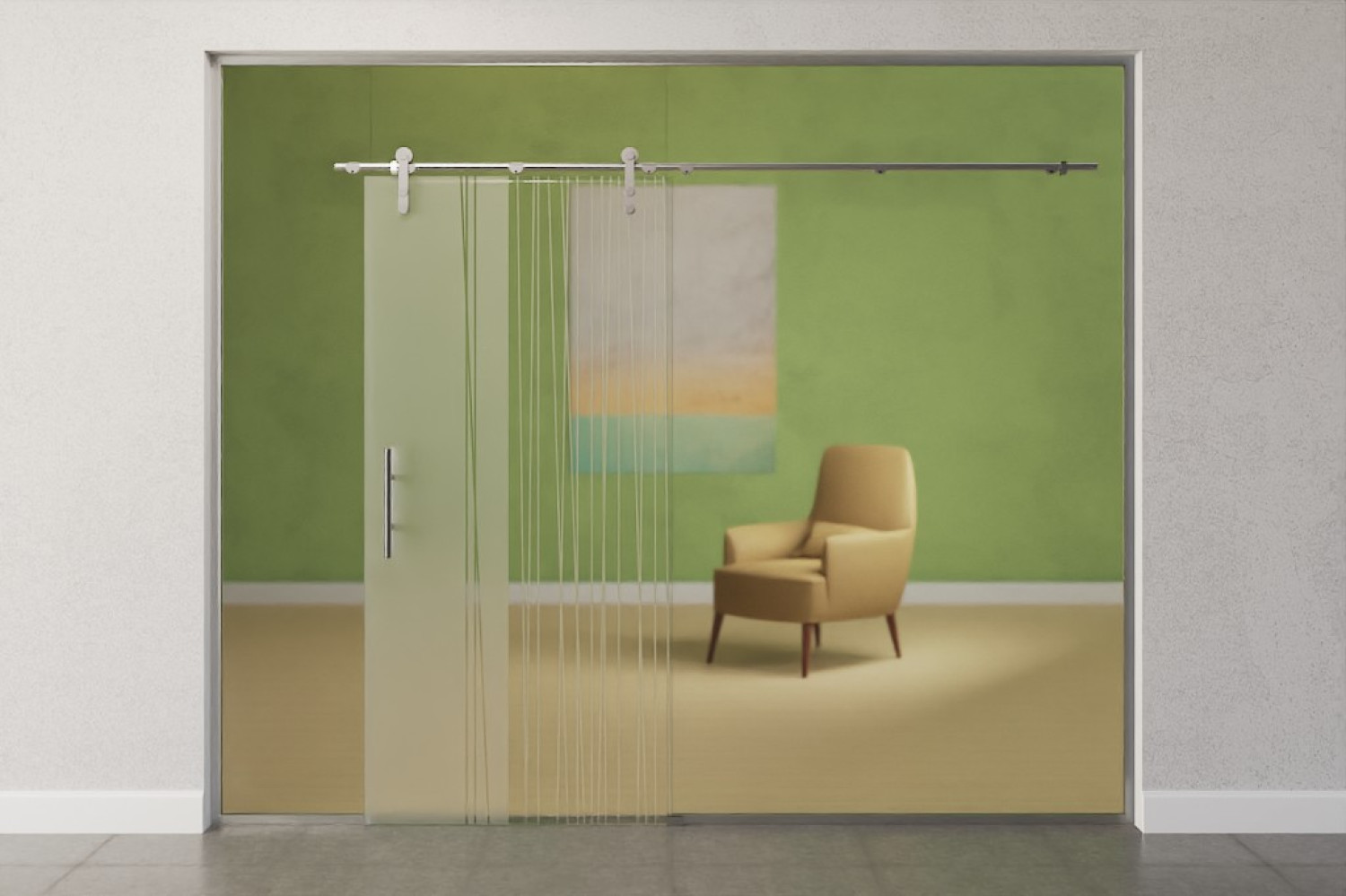 Frontansicht von Linie 1 Motiv klar Glasschiebetür mit zwei festen Seitenteilen und Oberlicht DORMA MANET Variante 1 - Erkelenz