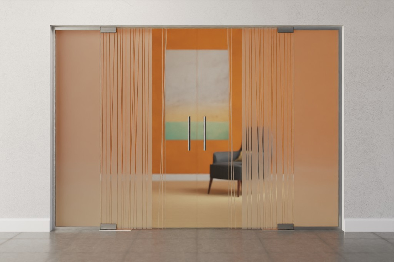 Frontbild von Linie 1 Motiv matt 2-flg. Glaspendeltür mit zwei festen Seitenteilen DORMA Mundus BTS Variante 6 - Erkelenz