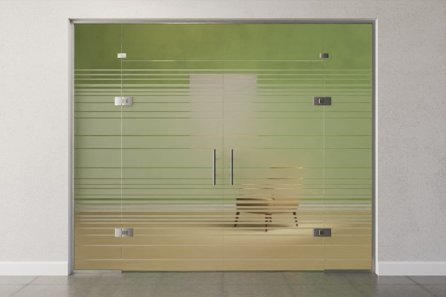 Bild von Ufficio Motiv matt 2-flg. Glaspendeltür mit zwei festen Seitenteilen und Oberlicht DORMA Tensor Variante 6 - Erkelenz
