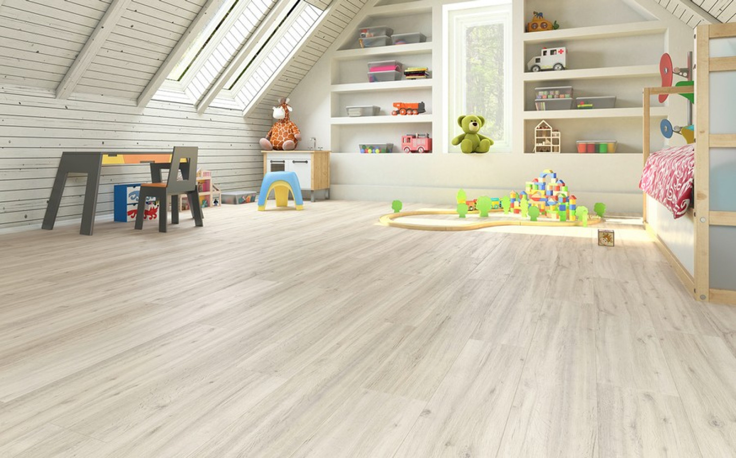 Ansicht Kinderzimmer von Eiche creme strukturiert 1-Stab Explore Laminat - Wiparquet