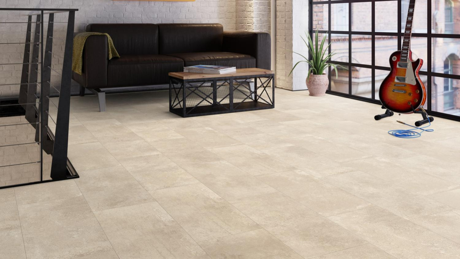 Milieubild Wohnbereich von Zement beige Steinstruktur Autentico Laminat - Wiparquet