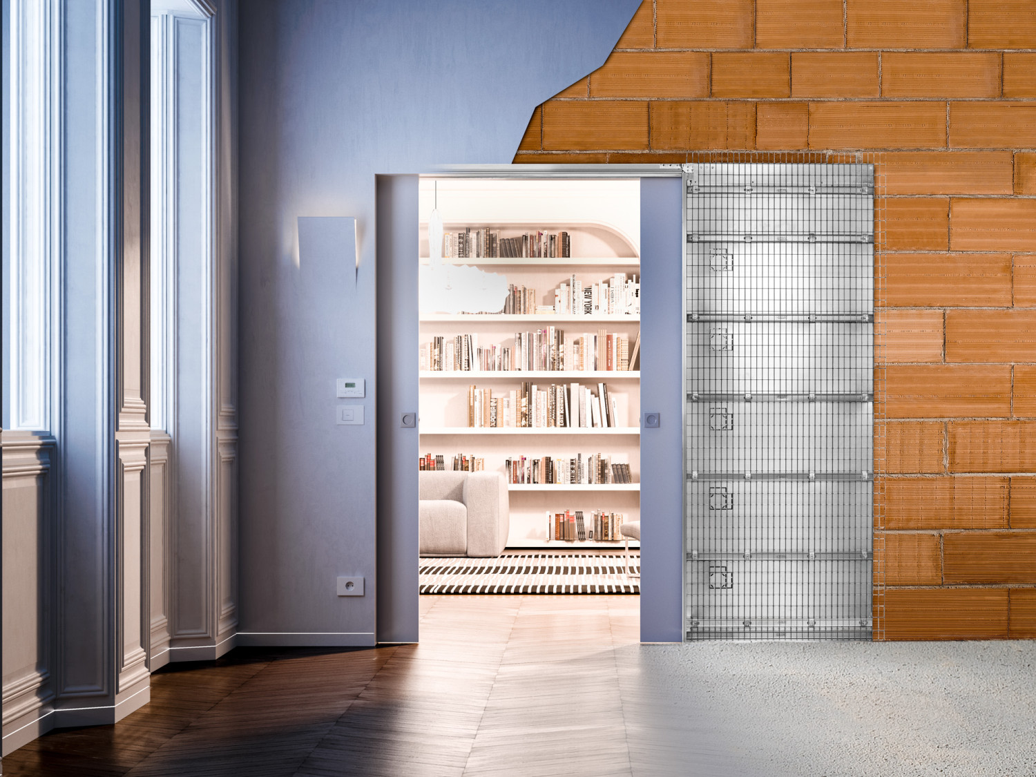 Ansicht von Syntesis Luce DF Schiebetürsystem für doppelflügelige Holztüren in Massivbau - Eclisse