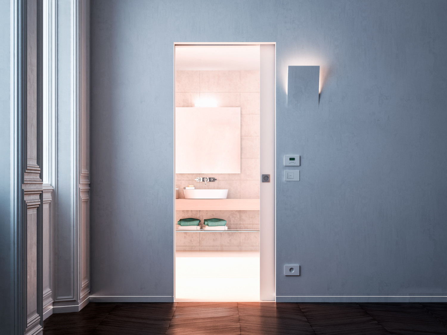 Ansicht von Syntesis Luce EF Schiebetürsystem für einflügelige Holztüren in Trockenbau - Eclisse