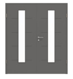 Frontansicht von HÖRMANN Doppelflügeltür Groove 14 Staubgrau RAL 7037 Lack DesignLine mit Lichtausschnitt LA 24 mittig mit Zarge