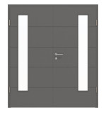 Frontansicht von HÖRMANN Doppelflügeltür Groove 15 Staubgrau RAL 7037 Lack DesignLine mit Lichtausschnitt LA 24 bandseitig mit Zarge