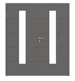 Frontansicht von HÖRMANN Doppelflügeltür Groove 15 Staubgrau RAL 7037 Lack DesignLine mit Lichtausschnitt LA 24 mittig mit Zarge