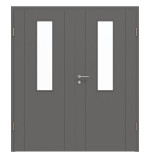 Frontansicht von HÖRMANN Doppelflügeltür Groove 16 Staubgrau RAL 7037 Lack DesignLine mit Lichtausschnitt LA 4 mittig mit Zarge