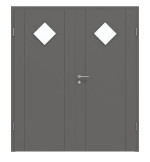 Frontansicht von HÖRMANN Doppelflügeltür Groove 16 Staubgrau RAL 7037 Lack DesignLine mit Lichtausschnitt LA 6 Raute mit Zarge