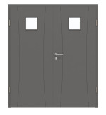 Frontansicht von HÖRMANN Doppelflügeltür Groove 20 Staubgrau RAL 7037 Lack DesignLine mit Lichtausschnitt LA 14 mit Zarge