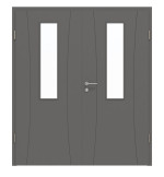 Frontansicht von HÖRMANN Doppelflügeltür Groove 20 Staubgrau RAL 7037 Lack DesignLine mit Lichtausschnitt LA 4 mittig mit Zarge