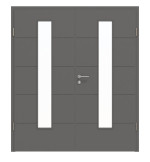 Frontansicht von HÖRMANN Doppelflügeltür Groove 27 Staubgrau RAL 7037 Lack DesignLine mit Lichtausschnitt LA 24 mittig mit Zarge