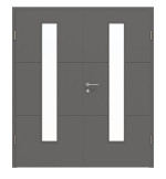 Frontansicht von HÖRMANN Doppelflügeltür Groove 31 Staubgrau RAL 7037 Lack DesignLine mit Lichtausschnitt LA 24 mittig mit Zarge