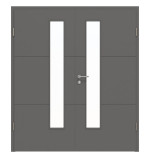 Frontansicht von HÖRMANN Doppelflügeltür Groove 31 Staubgrau RAL 7037 Lack DesignLine mit Lichtausschnitt LA 24 schlossseitig mit Zarge