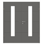 Frontansicht von HÖRMANN Doppelflügeltür Groove 34 Staubgrau RAL 7037 Lack DesignLine mit Lichtausschnitt LA 24 mittig mit Zarge