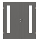 Frontansicht von HÖRMANN Doppelflügeltür Groove 44 Staubgrau RAL 7037 Lack DesignLine mit Lichtausschnitt LA 24 bandseitig mit Zarge