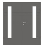 Frontansicht von HÖRMANN Doppelflügeltür Groove 78 Staubgrau RAL 7037 Lack DesignLine mit Lichtausschnitt LA 24 bandseitig mit Zarge