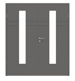 Frontansicht von HÖRMANN Doppelflügeltür Groove 78 Staubgrau RAL 7037 Lack DesignLine mit Lichtausschnitt LA 24 mittig mit Zarge