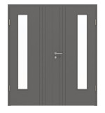 Frontansicht von HÖRMANN Doppelflügeltür Groove 85 Staubgrau RAL 7037 Lack DesignLine mit Lichtausschnitt LA 24 bandseitig mit Zarge