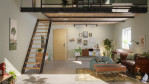 Milieu modernes Wohnzimmer mit Eiche Roheffekt Cross Lebolit-CPL Wohnungseingangstür - Lebo