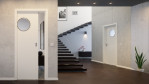 Schiebetür Weiß RAL 9010 CPL Bullauge Edelstahl - Interio mit in der Wand laufendem System im Wohnzimmer