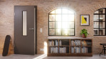 Detail-Milieuansicht von Huga Innentür Hygge grau RAL 7037 Duradecor Basic mit Lichtausschnitt LA 4 mittig