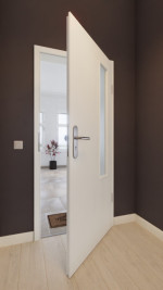 Front-Milieuansicht von GARANT Wohnungseingangstür Authentic Bianco GCK08 mit Lichtausschnitt LA-5 bandseitig