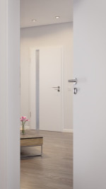 CloseUp-Milieuansicht von HÖRMANN Innentür Pure 1 Bütte Weiß Duradecor DesignLine mit Lichtausschnitt Bandseite