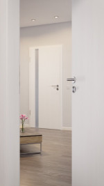 CloseUp-Milieuansicht von HÖRMANN Innentür Pure 1 Gebürstetes Weiß Duradecor DesignLine mit Lichtausschnitt Bandseite