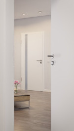 CloseUp-Milieuansicht von HÖRMANN Innentür Pure 1 Verkehrsweiß RAL 9016 Duradecor DesignLine mit Lichtausschnitt Bandseite