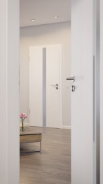 CloseUp-Milieuansicht von HÖRMANN Innentür Pure 1 Gebürstetes Weiß Duradecor DesignLine mit Lichtausschnitt mittig