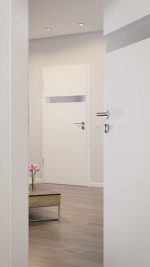 CloseUp-Milieuansicht von HÖRMANN Innentür Pure 1 Verkehrsweiß RAL 9016 Duradecor DesignLine mit Lichtausschnitt quer