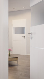 CloseUp-Milieuansicht von HÖRMANN Innentür Pure 2 Gebürstetes Weiß Duradecor DesignLine mit Lichtausschnitt quer mit bündiger Lisene Plain 79-7