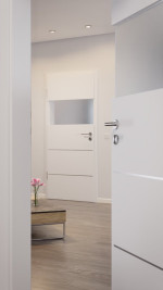 CloseUp-Milieuansicht von HÖRMANN Innentür Pure 2 Bütte Weiß Duradecor DesignLine mit Lichtausschnitt quer mit bündiger Lisene Plain 80-7