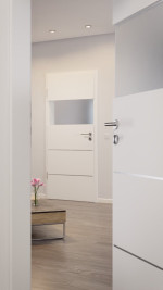 CloseUp-Milieuansicht von HÖRMANN Innentür Pure 2 Weißlack DesignLine mit Lichtausschnitt quer mit bündiger Lisene Steel 80-7