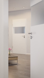 CloseUp-Milieuansicht von HÖRMANN Innentür Pure 2 Verkehrsweiß RAL 9016 Duradecor DesignLine mit Lichtausschnitt quer