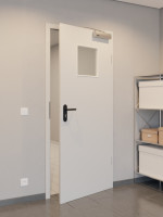 CloseUp-Flur-Milieuansicht von GARANT Rauchschutztür D92-60 Dove Grey Resopal mit Lichtausschnitt LA-8
