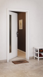 CloseUp-Milieuansicht von GARANT Wohnungseingangstür U11209SD Edelweiß GHK08 mit Lichtausschnitt LA-4 bandseitig