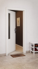 CloseUp-Milieuansicht von GARANT Wohnungseingangstür Authentic Bianco CePaL mit Lichtausschnitt LA-5 bandseitig