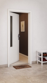 CloseUp-Milieuansicht von GARANT Wohnungseingangstür Authentic Bianco GCK08 mit Lichtausschnitt LA-5 bandseitig