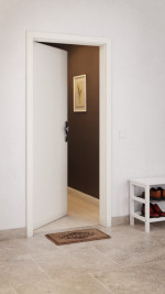 CloseUp-Milieuansicht von Wohnungseingangstür-Set Weiß 9010 CPL mit runder Zarge und Beschlag