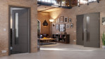 Main-Milieuansicht von HÖRMANN Doppelflügeltür Groove 27 Staubgrau RAL 7037 Lack DesignLine mit Lichtausschnitt LA 24 schlossseitig mit Zarge