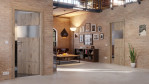 Main-Milieuansicht der in der Wand laufenden HÖRMANN Schiebetür Pure 2 Nordeiche Duradecor DesignLine mit Lichtausschnitt quer mit Lisene Steel 80