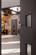 CloseUp-Milieuansicht von Huga Innentür Hygge grau RAL 7037 Duradecor Basic mit Lichtausschnitt LA 10