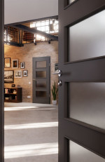 CloseUp-Milieuansicht von Huga Innentür Hygge grau RAL 7037 Duradecor Basic mit Lichtausschnitt LA 9