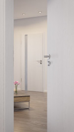 CloseUp-Milieuansicht von HÖRMANN Innentür Pure 1 Eiche Weiß Duradecor DesignLine mit Lichtausschnitt Bandseite