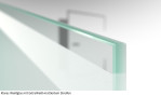Beispiel Glasart ESG-ExtraWeiß klar mit mattiertem Streifen für Aida Motiv matt 2-flg. Glaspendeltür mit zwei festen Seitenteilen und Oberlicht DORMA Mundus BTS Variante 12 - Erkelenz